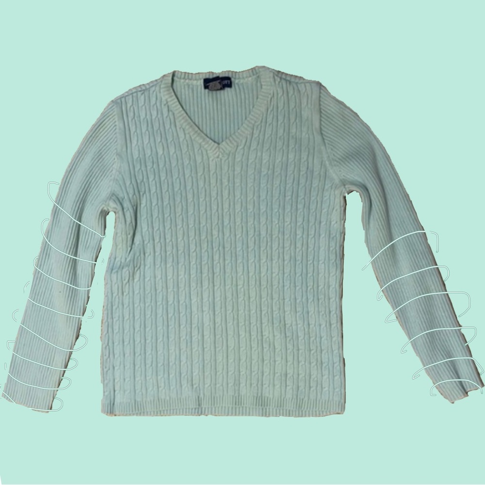 vintage mint colored v-neck cable knit sweater